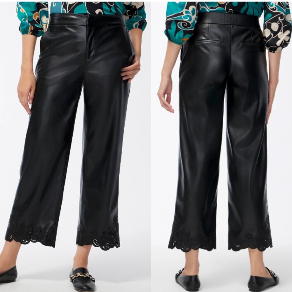 CHICO'S Black Faux Leather Cutwork Lace Wide Leg Ankle Pants Size 14